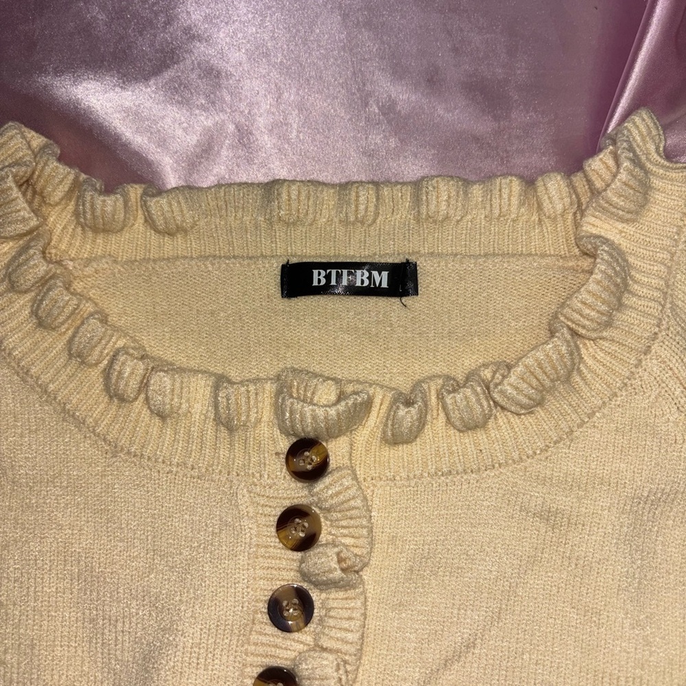 BTFBM Cream Ruffle Neck Button Sweater Boho Cottagecore - Picture 14 of 16
